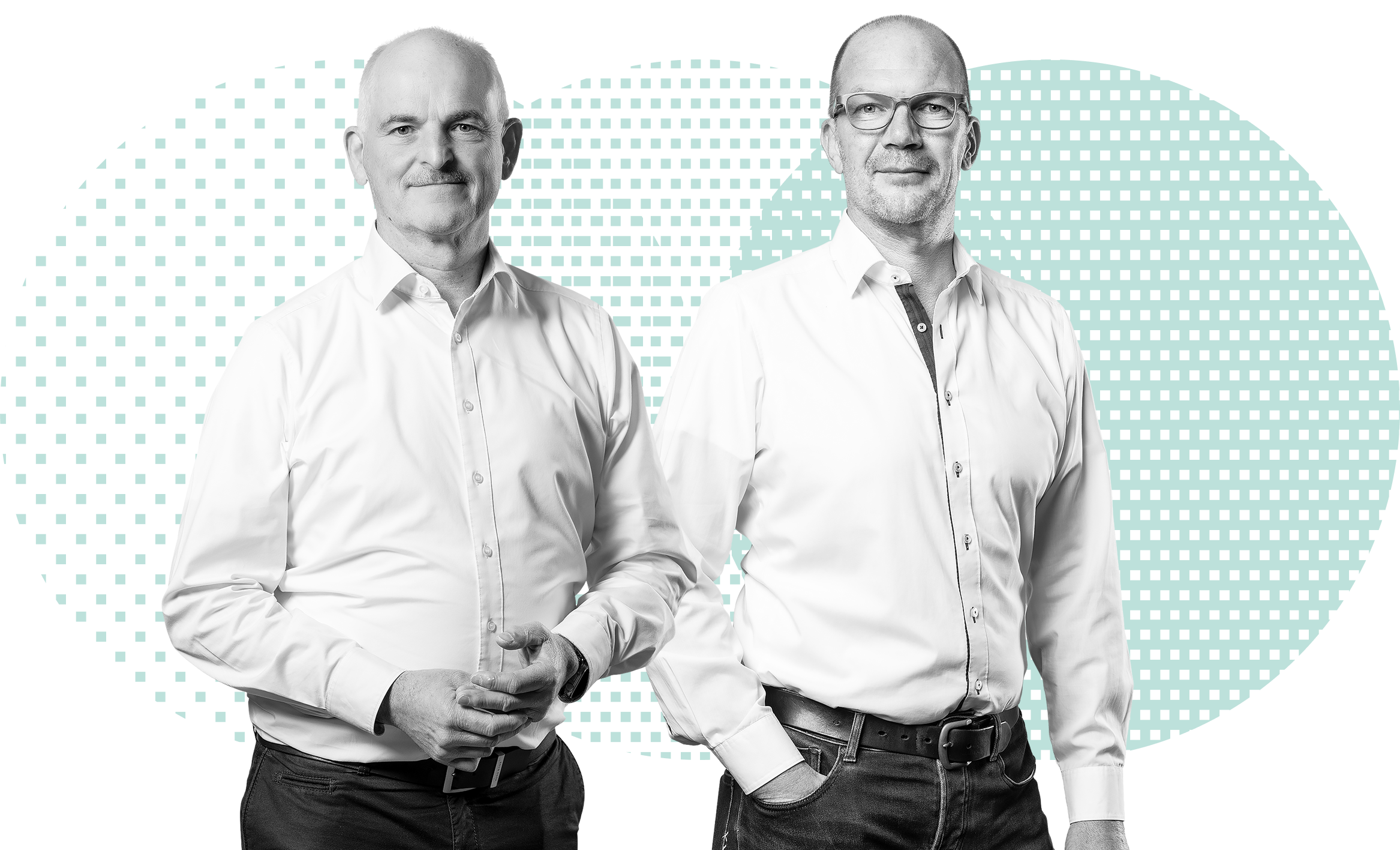 Zwei Ansprechpartner von Meondi vor einem Punktmuster